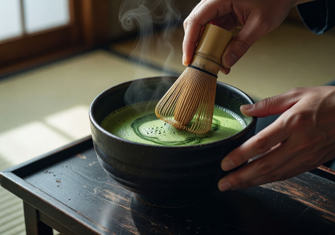 Ceremonial matcha being whisked in a black tea bowl