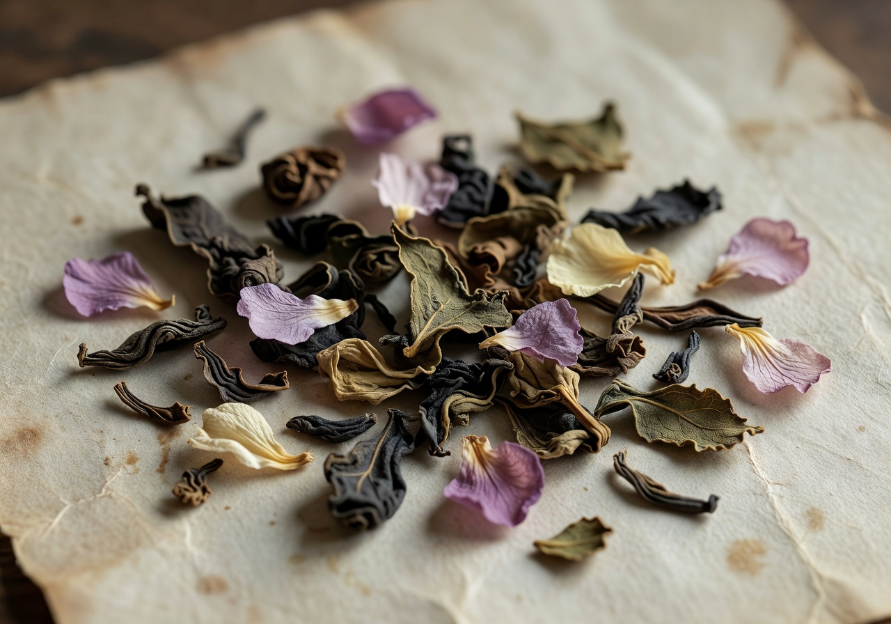 Close up of dried tea leaves and flowers on parchment paper