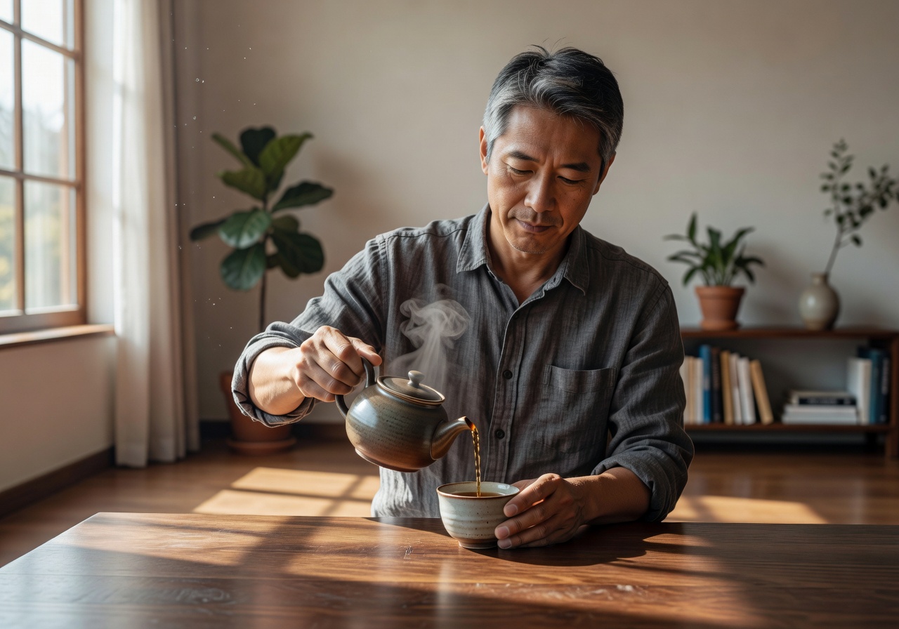 Founder pouring tea into a small ceramic cup in a sunlit room