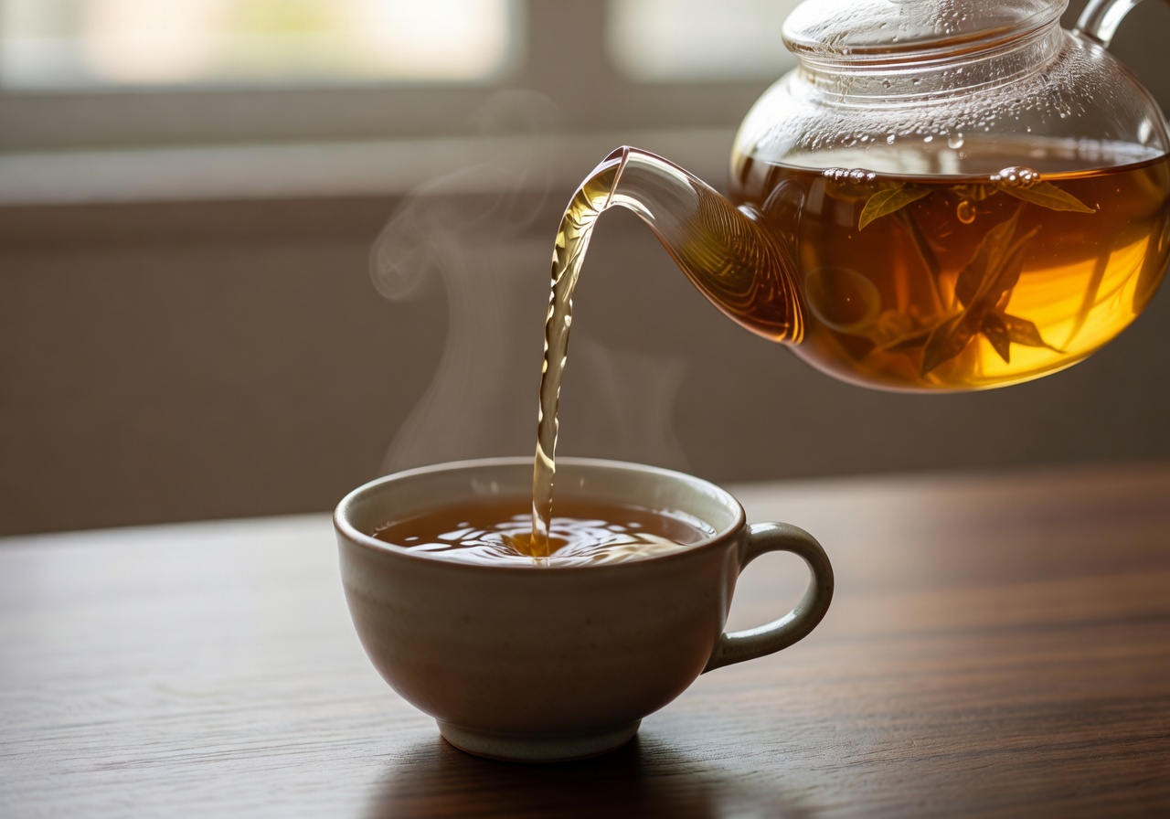 Glass teapot with golden oolong tea being poured into a small cup