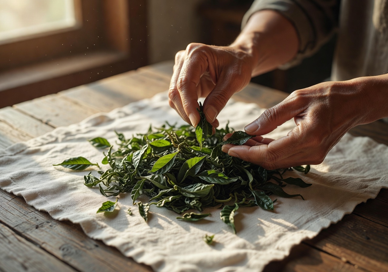 Hands carefully arranging tea leaves on a linen cloth in warm soft light