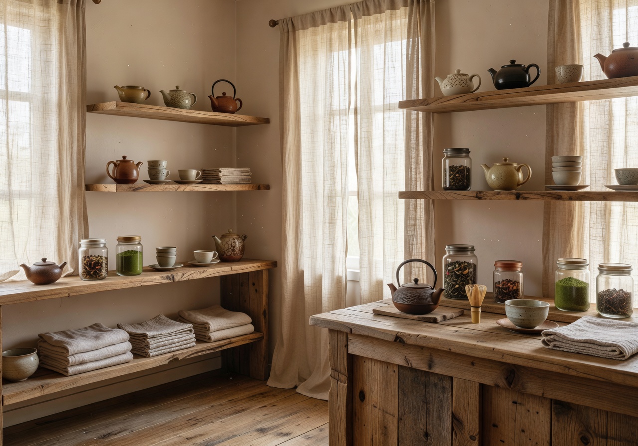 Quiet tea atelier interior with linen curtains and natural wood shelves