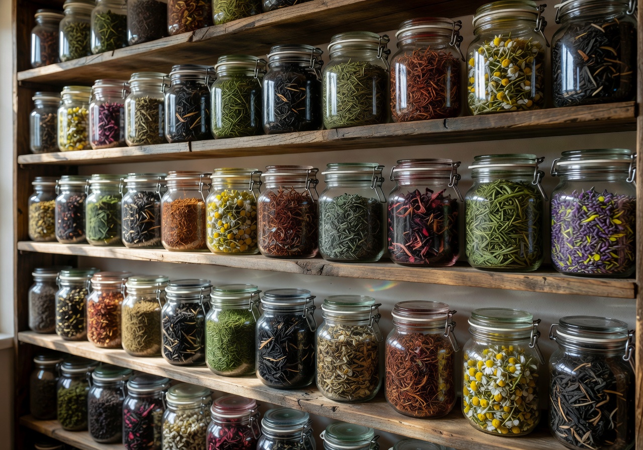 Shelves of glass jars filled with various loose-leaf teas