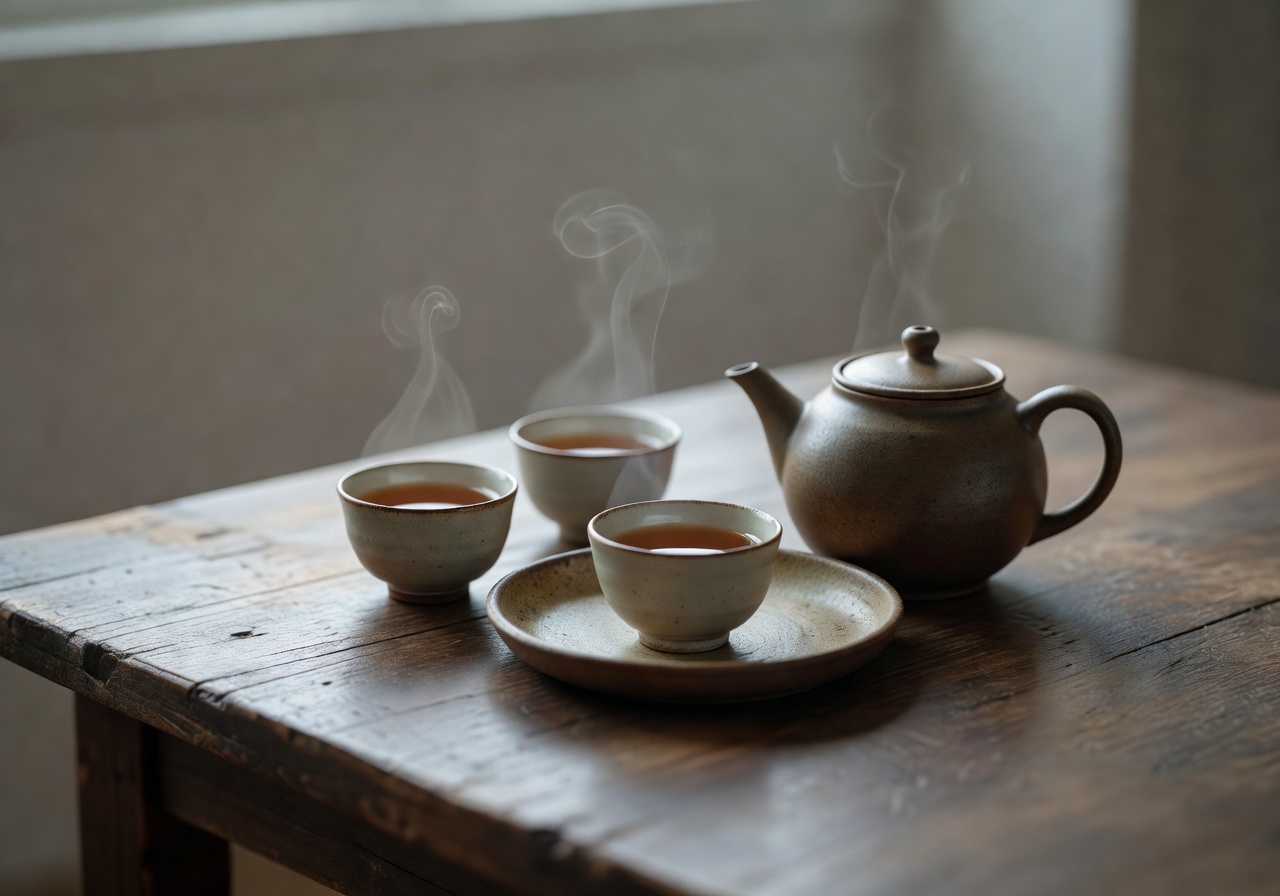 Soft morning light falling on a wooden table with tea wares