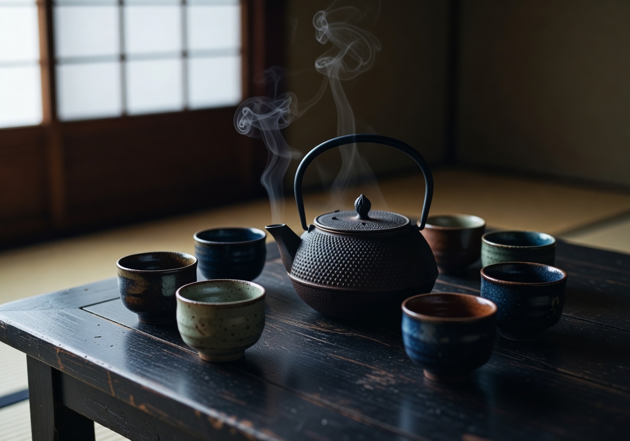 Steaming teapot with traditional Japanese ceramic cups on dark wooden table