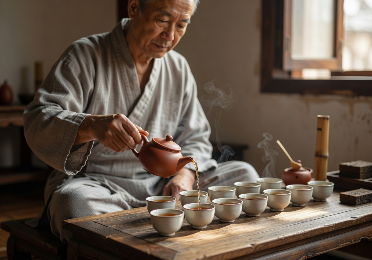 Tea master pouring oolong into small ceramic cups during a gongfu ceremony