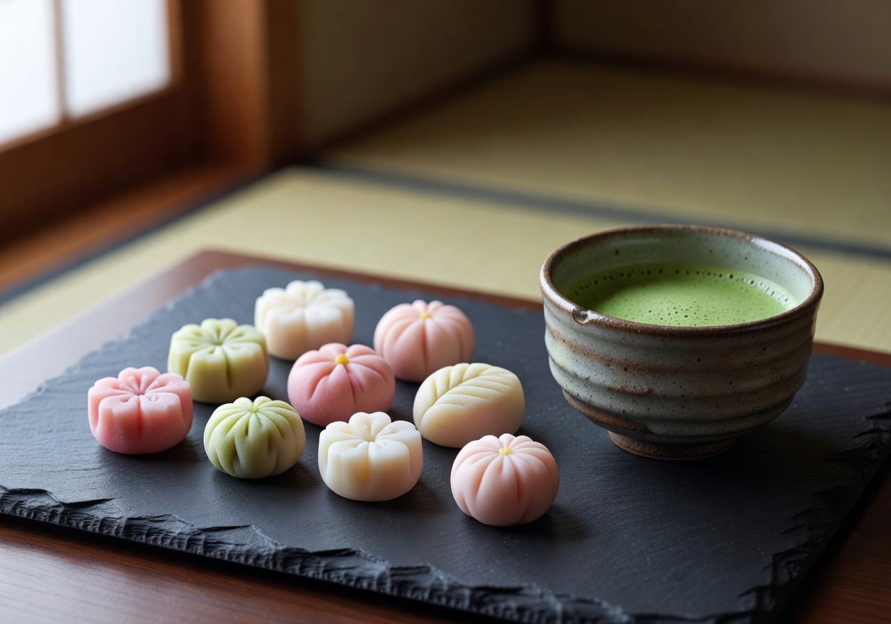 Wagashi sweets arranged on a slate plate beside a small bowl of matcha