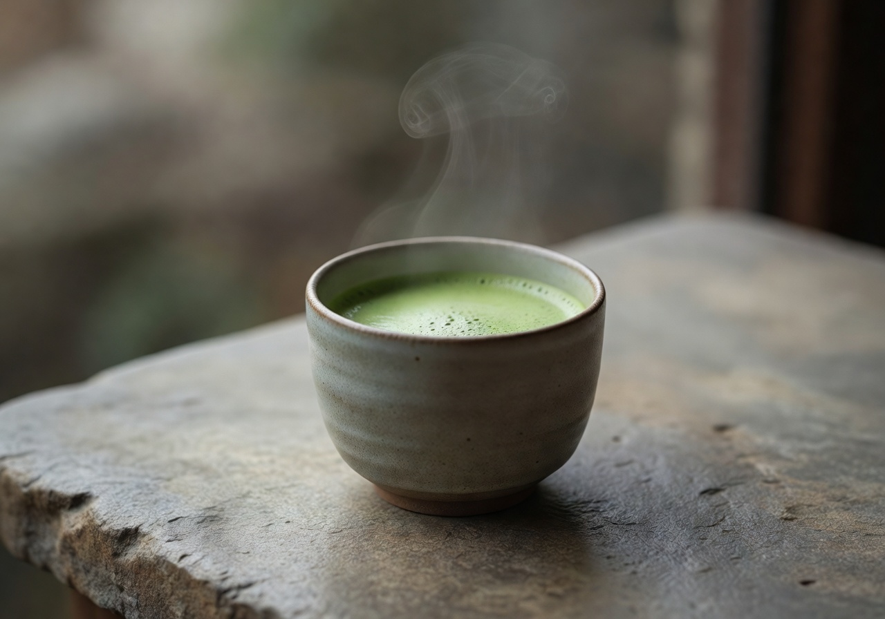 Warm steaming cup of matcha tea resting on a stone table with soft natural light